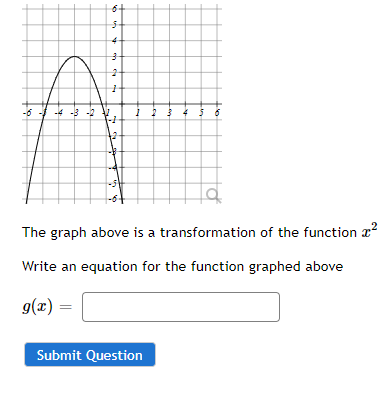 5-
-6 - 4 -3 -2
The graph above is a transformation of the function æ?
Write an equation for the function graphed above
g(x)
Submit Question
