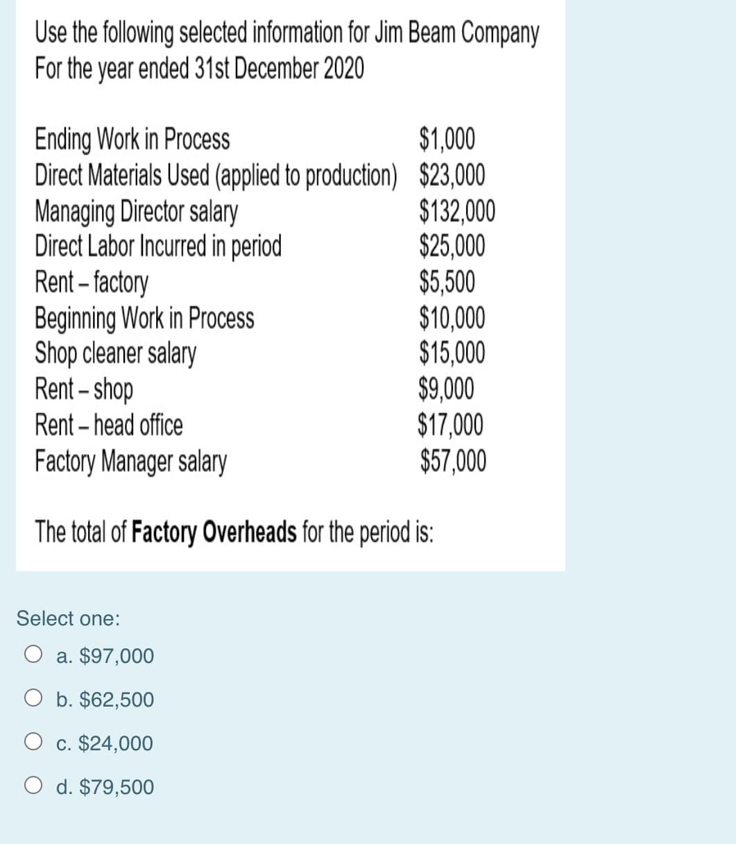 Use the following selected information for Jim Beam Company
For the year ended 31st December 2020
Ending Work in Process
Managing Director salary
Direct Labor Incurred in period
Rent – factory
Beginning Work in Process
Shop cleaner salary
Rent – shop
Rent – head office
$1,000
Direct Materials Used (applied to production) $23,000
$132,000
$25,000
$5,500
$10,000
$15,000
$9,000
$17,000
$57,000
Factory Manager salary
The total of Factory Overheads for the period is:
Select one:
O a. $97,000
O b. $62,500
O c. $24,000
O d. $79,500
