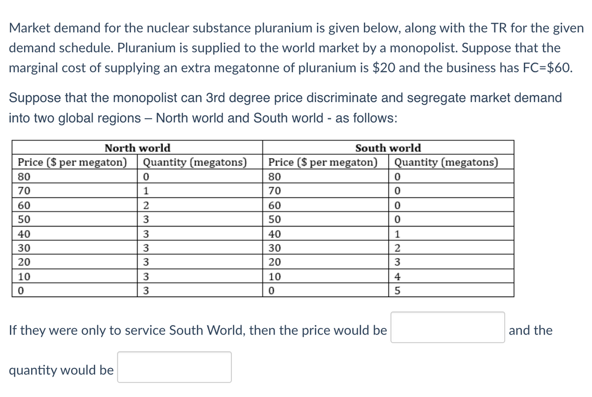 Market demand for the nuclear substance pluranium is given below, along with the TR for the given
demand schedule. Pluranium is supplied to the world market by a monopolist. Suppose that the
marginal cost of supplying an extra megatonne of pluranium is $20 and the business has FC=$60.
Suppose that the monopolist can 3rd degree price discriminate and segregate market demand
into two global regions - North world and South world - as follows:
North world
Price ($ per megaton)
80
70
60
50
40
30
20
10
0
Quantity (megatons)
quantity would be
0
1
2
3
3
3
3
3
3
South world
Price ($ per megaton) Quantity (megatons)
80
70
60
50
40
30
20
10
0
If they were only to service South World, then the price would be
0
0
0
0
1
2
3
4
5
and the