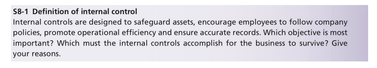 S8-1 Definition of internal control
Internal controls are designed to safeguard assets, encourage employees to follow company
policies, promote operational efficiency and ensure accurate records. Which objective is most
important? Which must the internal controls accomplish for the business to survive? Give
your reasons.
