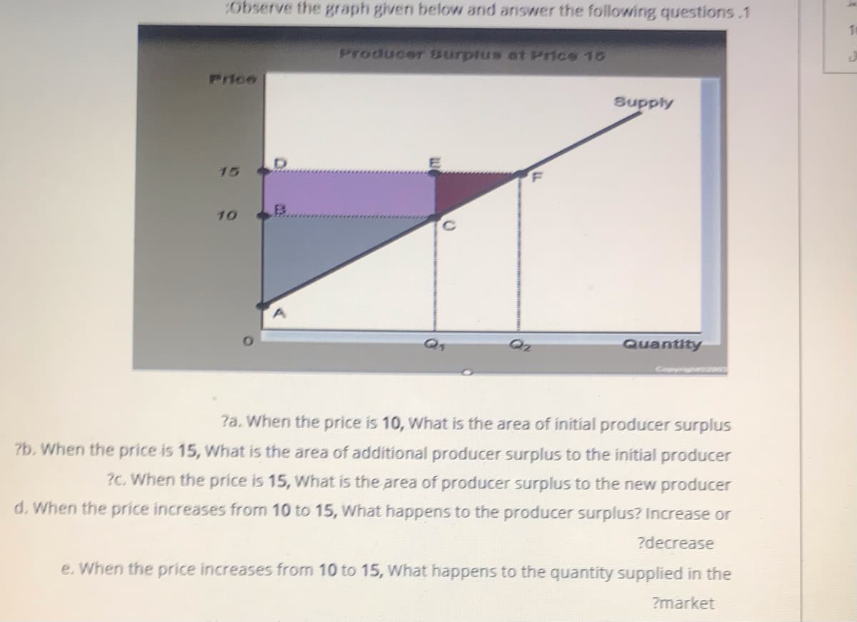 Observe the graph given below and answer the following qusestions.1
Producer Burplus at Price 1
Price
Supply
15
10
Quantity
Copyrigheso
?a. When the price is 10, What is the area of initial producer surplus
?b. When the price is 15, What is the area of additional producer surplus to the initial producer
?c. When the price is 15, What is the area of producer surplus to the new producer
d. When the price increases from 10 to 15, What happens to the producer surplus? Increase or
?decrease
e. When the price increases from 10 to 15, What happens to the quantity supplied in the
?market
