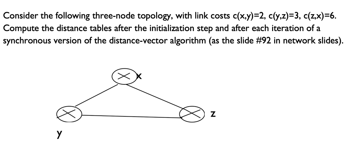 Consider the following three-node topology, with link costs c(x,y)=2, c(y,z)=3, c(zx)=6.
Compute the distance tables after the initialization step and after each iteration of a
synchronous version of the distance-vector algorithm (as the slide #92 in network slides).
N
