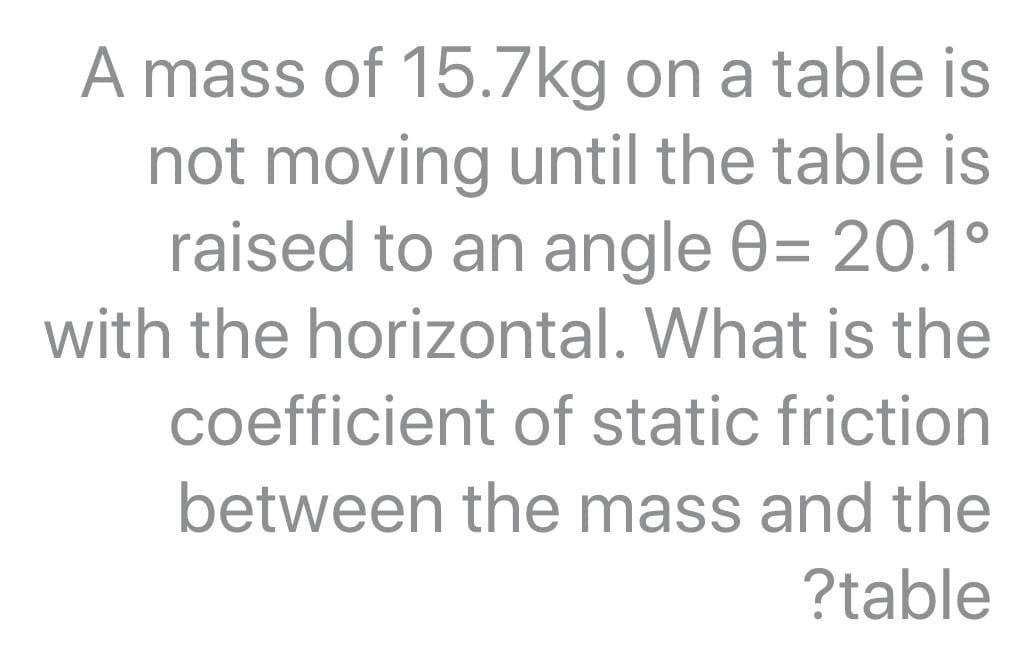 A mass of 15.7kg on a table is
not moving until the table is
raised to an angle 0= 20.1°
with the horizontal. What is the
coefficient of static friction
between the mass and the
?table
