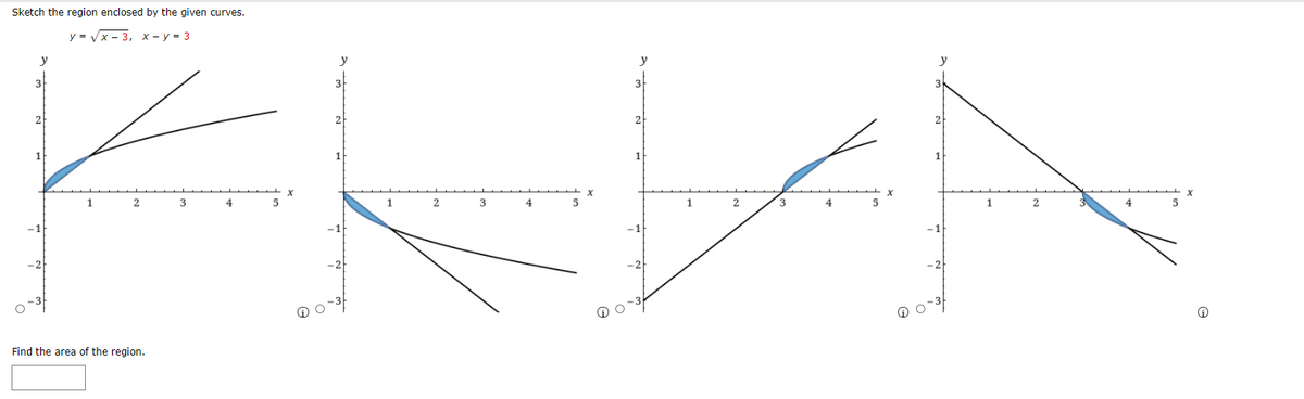Sketch the region enclosed by the given curves.
y = Vx - 3, x- y = 3
2
1
1
2
4
1
5
1
4
4
5
Find the area of the region.
