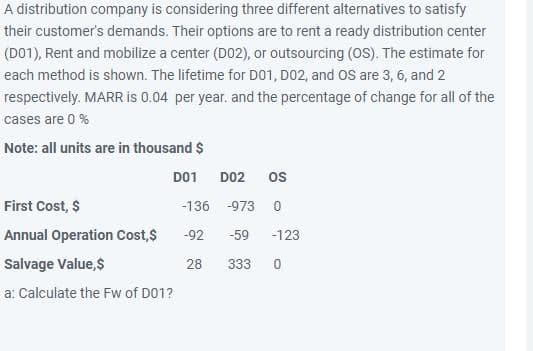 A distribution company is considering three different alternatives to satisfy
their customer's demands. Their options are to rent a ready distribution center
(D01), Rent and mobilize a center (D02), or outsourcing (OS). The estimate for
each method is shown. The lifetime for D01, D02, and OS are 3, 6, and 2
respectively. MARR is 0.04 per year, and the percentage of change for all of the
cases are 0 %
Note: all units are in thousand $
D01
First Cost, $
Annual Operation Cost, $
Salvage Value, $
a: Calculate the Fw of D01?
-136
-92
28
D02 OS
-973 0
-59 -123
333 0
