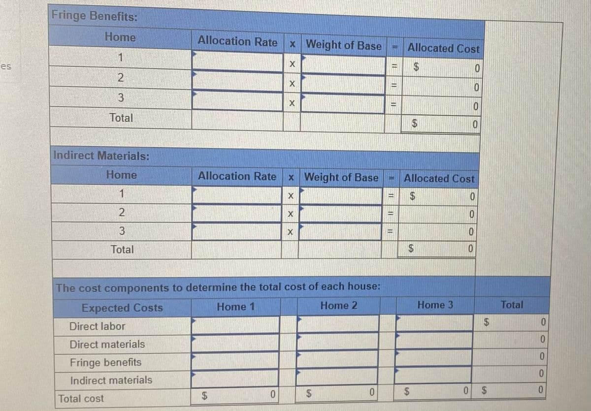 Fringe Benefits:
Home
Allocation Rate
x Weight of Base
Allocated Cost
!!
1
es
24
%3D
3
Total
24
Indirect Materials:
Home
Allocation Rate
x Weight of Base
Allocated Cost
%3D
1
3
0.
Total
2$4
The cost components to determine the total cost of each house:
Expected Costs
Home 1
Home 2
Home 3
Total
Direct labor
2$
0.
Direct materials
Fringe benefits
0.
Indirect materials
$4
$4
0.
2$
Total cost
24
%24
||| || I|
