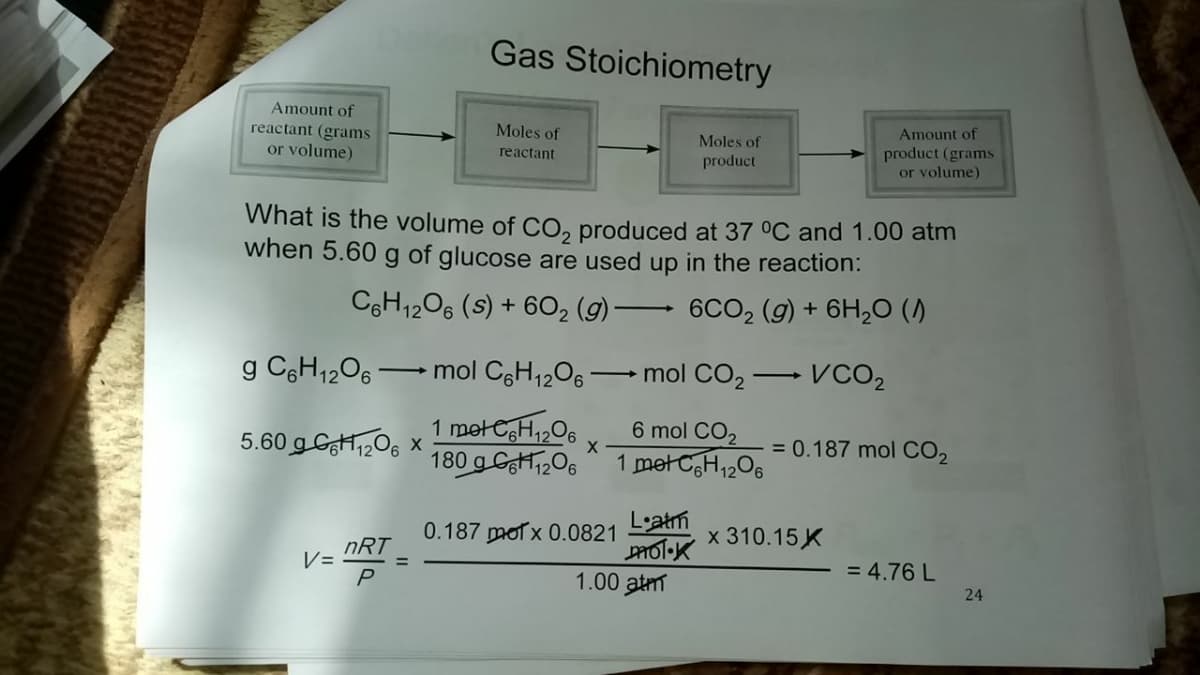 Gas Stoichiometry
Amount of
reactant (grams
or volume)
Moles of
Amount of
Moles of
product (grams
or volume)
reactant
product
What is the volume of CO, produced at 37 °C and 1.00 atm
when 5.60 g of glucose are used up in the reaction:
C6H1206 (s) + 60, (g)–
6CO2 (9) + 6H,0 ()
g C3H1206 -
mol C6H1206-
mol CO2
VCO2
-
1 metCGH,,O6
180 g GgH1206
6 mol CO2
5.60 g CH1206 x
1 metCH12O6
= 0.187 mol CO2
L•atm
0.187 motx 0.0821
x 310.15 K
nRT
V=
P
= 4.76 L
1.00 atm
24
