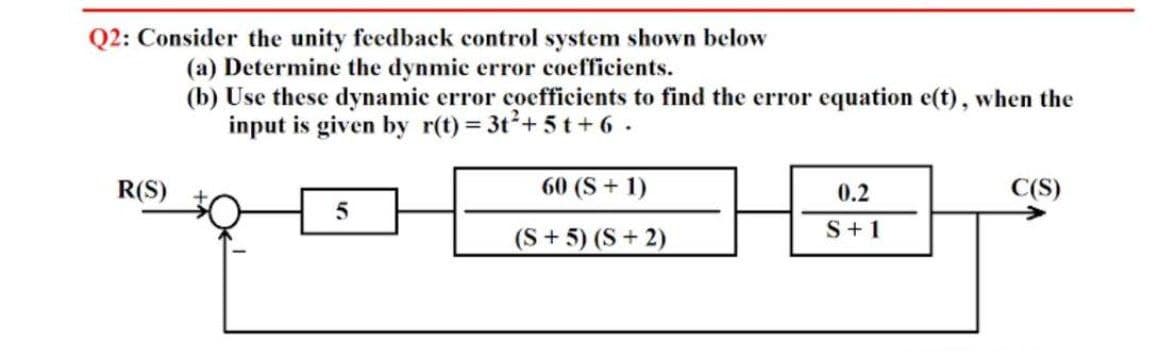 Q2: Consider the unity feedback control system shown below
(a) Determine the dynmic error coefficients.
(b) Use these dynamic error coefficients to find the error equation e(t), when the
input is given by r(t) = 3t+ 5t + 6 .
R(S)
60 (S + 1)
0.2
C(S)
S+1
(S+ 5) (S + 2)
