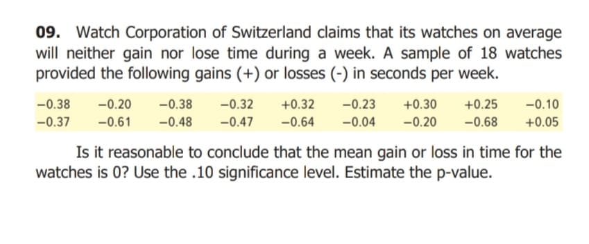 09. Watch Corporation of Switzerland claims that its watches on average
will neither gain nor lose time during a week. A sample of 18 watches
provided the following gains (+) or losses (-) in seconds per week.
-0.38
-0.20
-0.38
-0.32
+0.32
-0.23
+0.30
+0.25
-0.10
-0.37
-0.61
-0.48
-0.47
-0.64
-0.04
-0.20
-0.68
+0.05
Is it reasonable to conclude that the mean gain or loss in time for the
watches is 0? Use the .10 significance level. Estimate the p-value.
