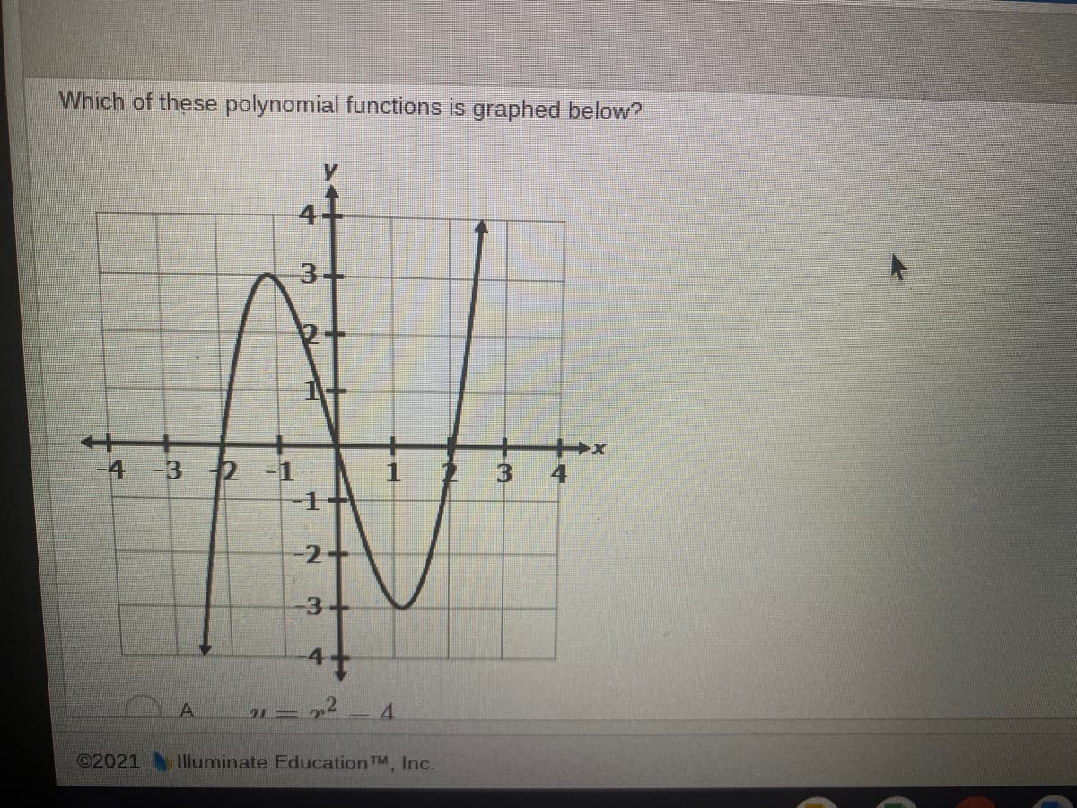Which of these polynomial functions is graphed below?
3-
4 -3
2 -1
4
A
4.
©2021
Illuminate Education TM Inc.
