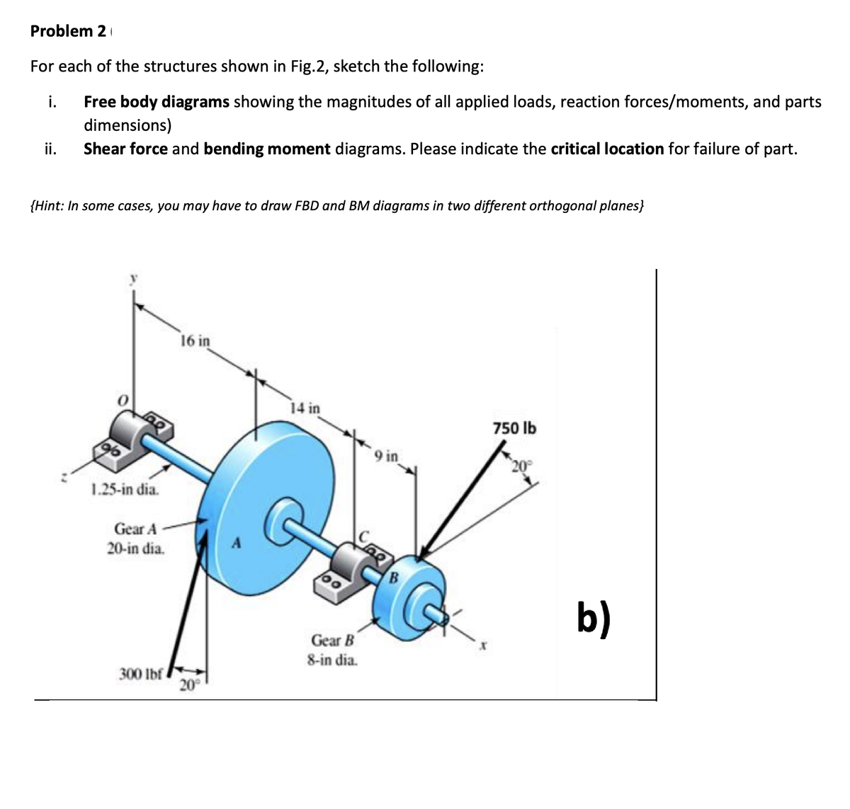 Problem 2
For each of the structures shown in Fig.2, sketch the following:
Free body diagrams showing the magnitudes of all applied loads, reaction forces/moments, and parts
dimensions)
Shear force and bending moment diagrams. Please indicate the critical location for failure of part.
i.
ii.
{Hint: In some cases, you may have to draw FBD and BM diagrams in two different orthogonal planes}
196
ag
1.25-in dia.
Gear A
20-in dia.
300 lbf
16 in
20⁰
A
14 in
100
Gear B
8-in dia.
9 in
B
750 lb
20°
b)