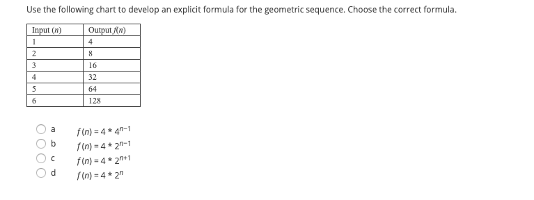 Use the following chart to develop an explicit formula for the geometric sequence. Choose the correct formula.
Input (n)
Output (n)
1
4
2
3
16
32
5
64
6.
128
f (n) = 4 * 40-1
b
f(n) = 4 * 2n-1
a
f(n) = 4 * 2n+1
d.
f (n) = 4 * 2"
