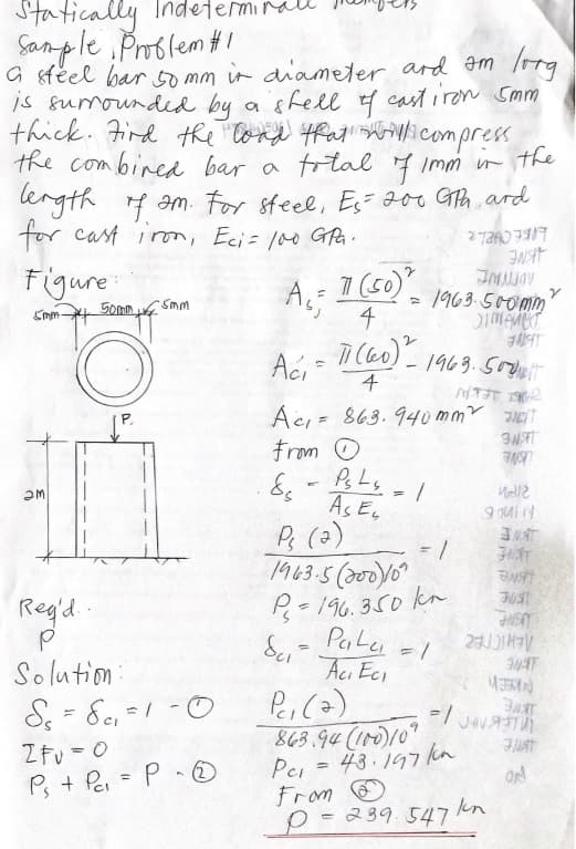 Statically Indetermina
Sanple Problem #1
G sfeel bar omm ir aiameter ard am /rg
is sumounded by a shele 4 cast iron Smm
thick. Fird the Cord that WVicompress
the combined bar a frtal 4 Imm in the
angth 4 am. For steel, Es= 200 GPa ard
for cast irom, Eci= /00 GPa.
Figure
7 (50)"
1963-500mm
5omm,
Smm
4
Aci
1963.50
4
Ac = 863. 94o mm JNETT
From O
As E,
Pi (a)
1963-5(200/0
=196.350 kn
JUAT
Reg'd.
Se, - PaLe,
Acı Eci
Solution
S = Se, =1 -O
ZFu =0
P, + Per = P aO
863.94 (I)10"
Pei = 43.197cn
From
O -239.547
%3D
