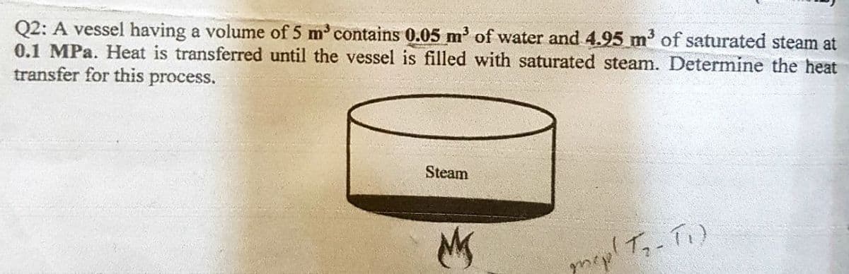 Q2: A vessel having a volume of 5 m³ contains 0.05 m³ of water and 4.95 m³ of saturated steam at
0.1 MPa. Heat is transferred until the vessel is filled with saturated steam. Determine the heat
transfer for this process.
Steam
M
op T₂-T₁).