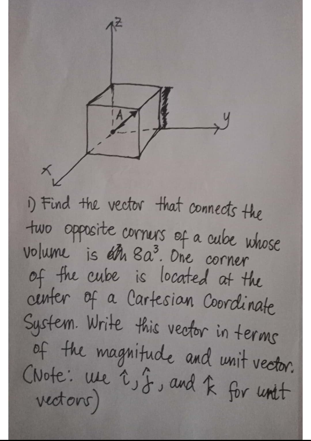 ) Find the vector that connects the
two opposite corners of a cube whose
volume is én 8a. One corner
of the cube is located at the
cinter of a Cartesian Coordinate
Sustem. Write this veotor in terms
of the magnitude and unit vector.
CNote: we t,, and R for unt
vectons)

