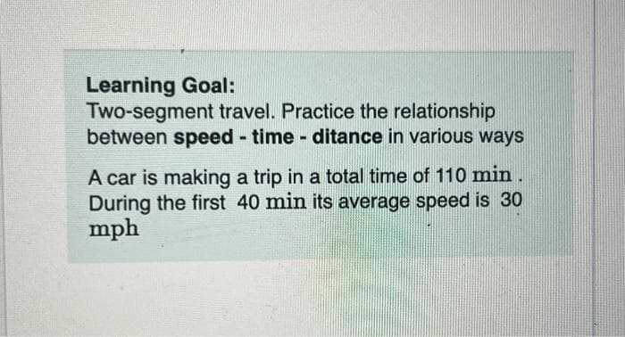 Learning Goal:
Two-segment travel. Practice the relationship
between speed - time - ditance in various ways
A car is making a trip in a total time of 110 min.
During the first 40 min its average speed is 30
mph