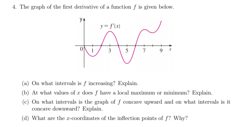 4. The graph of the first derivative of a function f is given below.
YA
y= f'(x)
1
3
7
(a) On what intervals is f increasing? Explain.
(b) At what values of x does f have a local maximum or minimum? Explain.
(c) On what intervals is the graph of f concave upward and on what intervals is it
concave downward? Explain.
(d) What are the x-coordinates of the inflection points of f? Why?
