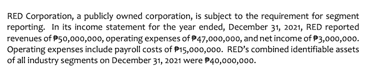 RED Corporation, a publicly owned corporation, is subject to the requirement for segment
reporting. In its income statement for the year ended, December 31, 2021, RED reported
revenues of P50,000,000, operating expenses of P47,000,000, and net income of P3,000,000.
Operating expenses include payroll costs of P15,000,00o. RED's combined identifiable assets
of all industry segments on December 31, 2021 were P40,000,000.
