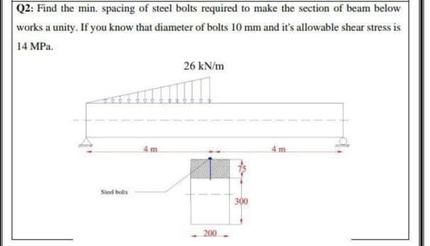 Q2: Find the min. spacing of steel bolts required to make the section of beam below
works a unity. If you know that diameter of bolts 10 mm and it's allowable shear stress is
14 MPa.
26 kN/m
4 m.
4 m.
Steel bolts
300
200
