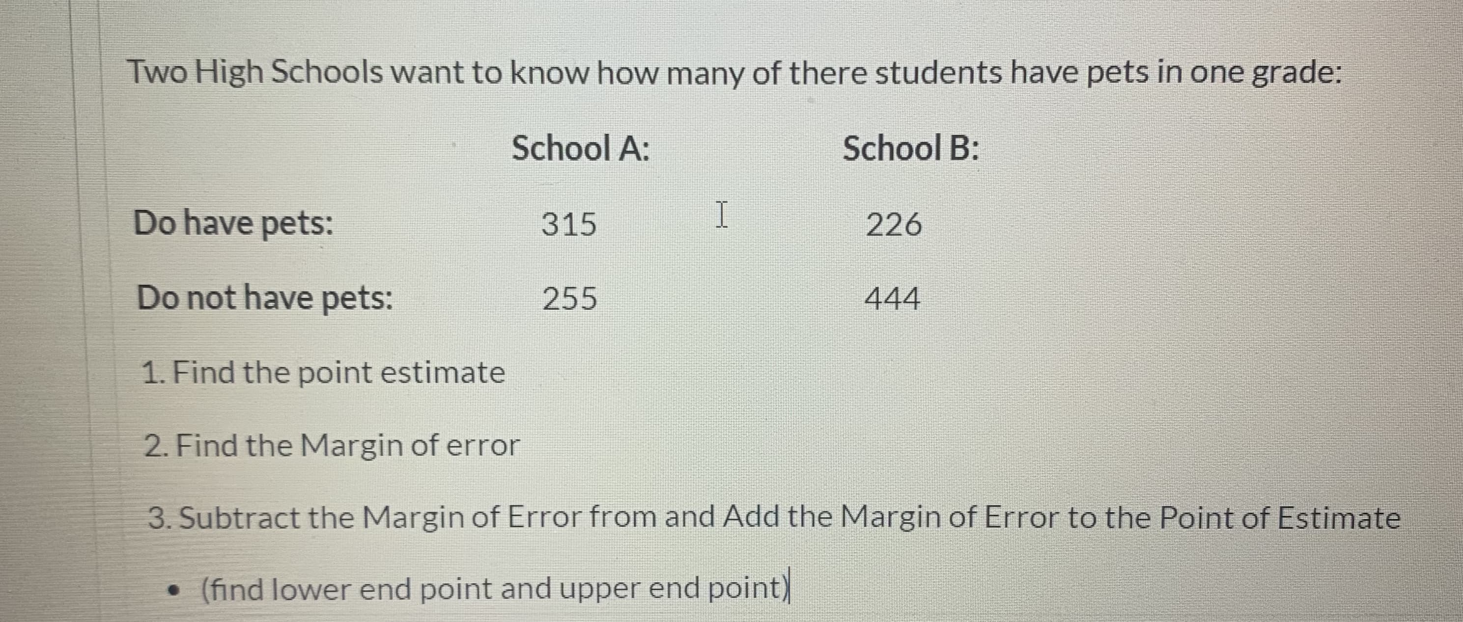 Two High Schools want to know how many of there students have pets in
School A:
School B:
Do have pets:
315
226
Do not have pets:
255
444
1. Find the point estimate
2. Find the Margin of error
3. Subtract the Margin of Error from and Add the Margin of Error to the Point of Estimate
(find lower end point and upper end point)
