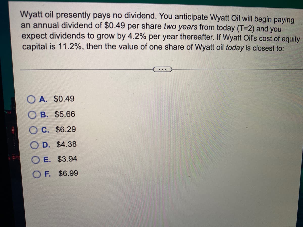 Wyatt oil presently pays no dividend. You anticipate Wyatt Oil will begin paying
an annual dividend of $0.49 per share two years from today (T=2) and you
expect dividends to grow by 4.2% per year thereafter. If Wyatt Oil's cost of equity
capital is 11.2%, then the value of one share of Wyatt oil today is closest to:
...
O A. $0.49
B. $5.66
C. $6.29
D. $4.38
O E. $3.94
O F. $6.99
