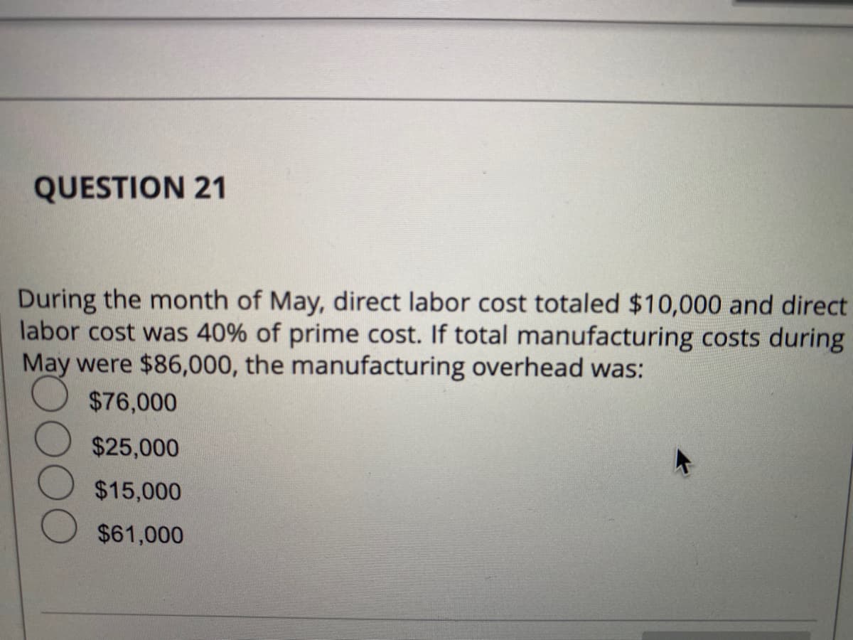 QUESTION 21
During the month of May, direct labor cost totaled $10,000 and direct
labor cost was 40% of prime cost. If total manufacturing costs during
May were $86,000, the manufacturing overhead was:
$76,000
$25,000
$15,000
$61,000