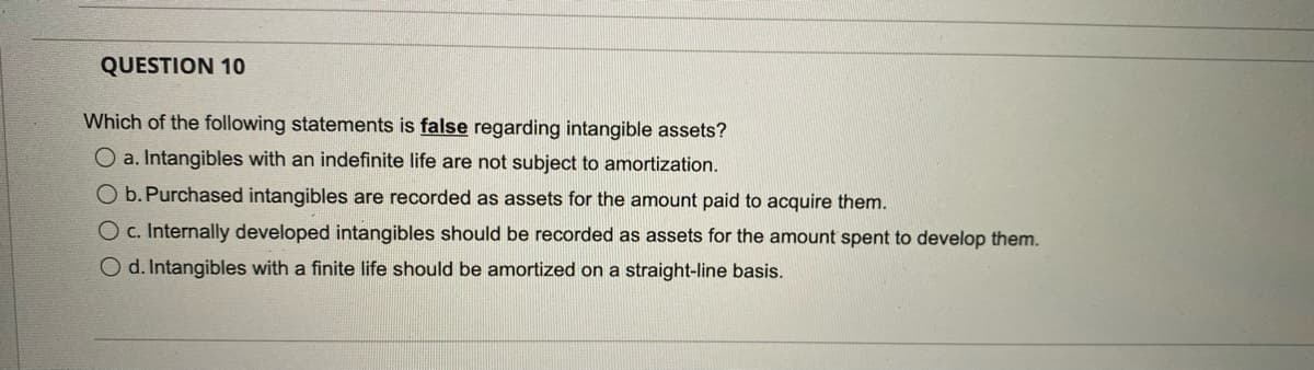 QUESTION 10
Which of the following statements is false regarding intangible assets?
O a. Intangibles with an indefinite life are not subject to amortization.
O b.Purchased intangibles are recorded as assets for the amount paid to acquire them.
O c. Internally developed intangibles should be recorded as assets for the amount spent to develop them.
O d. Intangibles with a finite life should be amortized on a straight-line basis.
