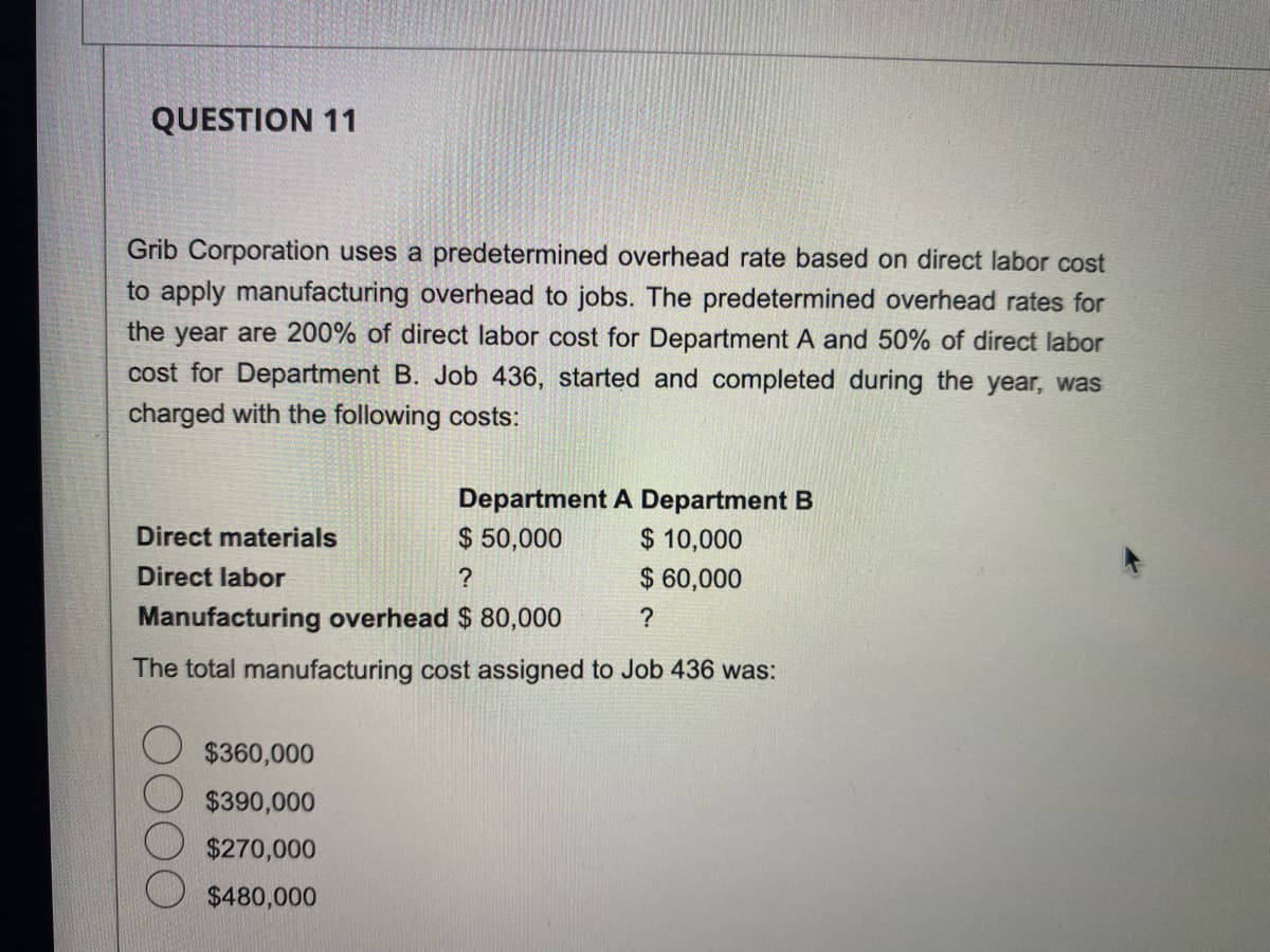 QUESTION 11
Grib Corporation uses a predetermined overhead rate based on direct labor cost
to apply manufacturing overhead to jobs. The predetermined overhead rates for
the year are 200% of direct labor cost for Department A and 50% of direct labor
cost for Department B. Job 436, started and completed during the year, was
charged with the following costs:
Department A Department B
$ 50,000
$ 10,000
?
$ 60,000
Manufacturing overhead $ 80,000
?
The total manufacturing cost assigned to Job 436 was:
Direct materials
Direct labor
$360,000
$390,000
$270,000
$480,000