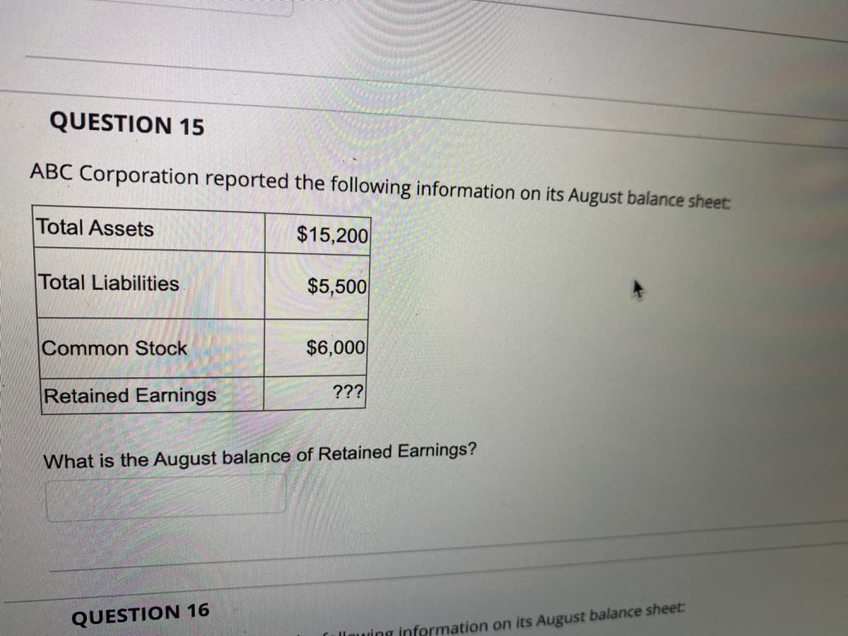 QUESTION 15
ABC Corporation reported the following information on its August balance sheet:
Total Assets
$15,200
Total Liabilities
$5,500
Common Stock
$6,000
Retained Earnings
???
What is the August balance of Retained Earnings?
QUESTION 16
Cullowing information on its August balance sheet:
