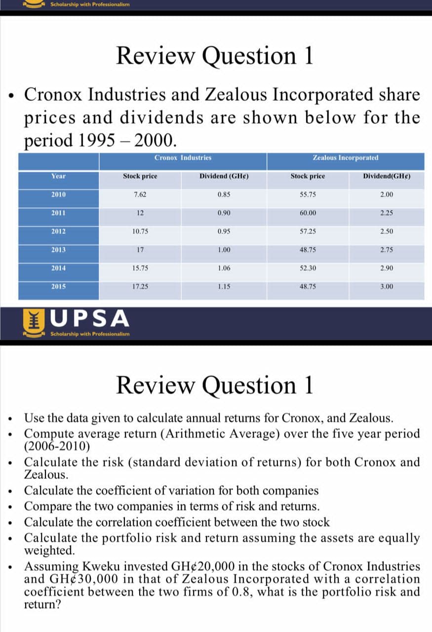 Scholarship with Professionalism
Review Question 1
• Cronox Industries and Zealous Incorporated share
prices and dividends are shown below for the
period 1995 – 2000.
Cronox Industries
Zealous Incorporated
Year
Stock price
Dividend (GHe)
Stock price
Dividend(GHe)
2010
7.62
0.85
55.75
2.00
2011
12
0.90
60,00
2.25
2012
10.75
0.95
57.25
2.50
2013
17
1.00
48.75
2.75
2014
15.75
1.06
52.30
2.90
2015
17.25
1.15
48.75
3,00
UPSA
Scholarship with Professionalism
Review Question 1
Use the data given to calculate annual returns for Cronox, and Zealous.
Compute average return (Arithmetic Average) over the five year period
(2006-2010)
Calculate the risk (standard deviation of returns) for both Cronox and
Zealous.
Calculate the coefficient of variation for both companies
Compare the two companies in terms of risk and returns.
Calculate the correlation coefficient between the two stock
Calculate the portfolio risk and return assuming the assets are equally
weighted.
Assuming Kweku invested GH¢20,000 in the stocks of Cronox Industries
and GH¢30,000 in that of Zealous Incorporated with a correlation
coefficient between the two firms of 0.8, what is the portfolio risk and
return?
