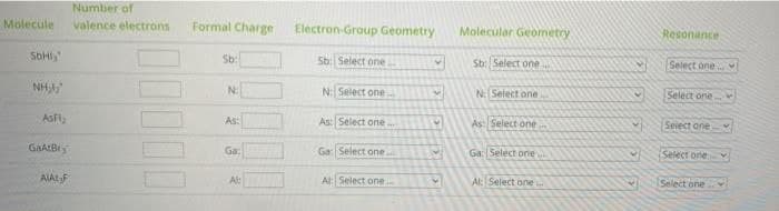 Number of
Molecule
valence electrons
Formal Charge
Electron-Group Geometry
Molecular Geometry
Resonance
SDHI
Sb:
Sb: Select one.
St: Select one
Select one
Select one
NH
N: Select one
N:
N:Select one
AsFl
As: Select one.
As Select one-
Select one
As:
GAALBI
Ga: Select one.
Ga: Select orne
Select one
Ga:
AIALF
Al:
Al: Select one
AlSelect one
Select one

