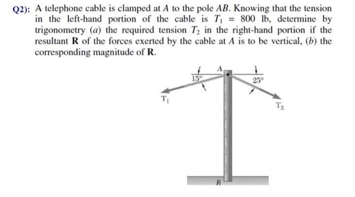 Q2): A telephone cable is clamped at A to the pole AB. Knowing that the tension
in the left-hand portion of the cable is T = 800 lb, determine by
trigonometry (a) the required tension T2 in the right-hand portion if the
resultant R of the forces exerted by the cable at A is to be vertical, (b) the
corresponding magnitude of R.
15
25°
T
T2
