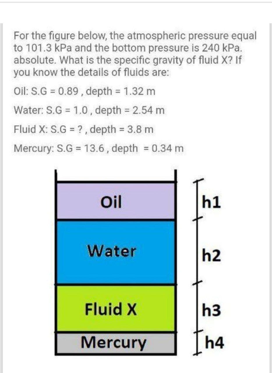 For the figure below, the atmospheric pressure equal
to 101.3 kPa and the bottom pressure is 240 kPa.
absolute. What is the specific gravity of fluid X? If
you know the details of fluids are:
Oil: S.G = 0.89 , depth 1.32 m
Water: S.G = 1.0, depth 2.54 m
%3D
Fluid X: S.G = ?, depth 3.8 m
%3D
%3D
Mercury: S.G = 13.6, depth = 0.34 m
Oil
h1
Water
h2
Fluid X
h3
Mercury
h4
