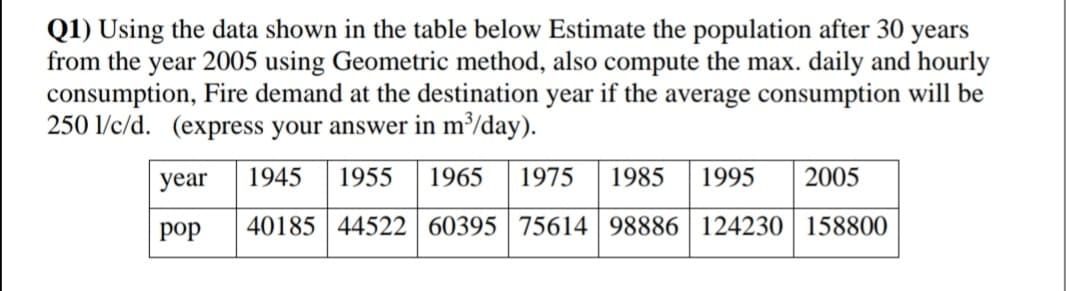 Q1) Using the data shown in the table below Estimate the population after 30 years
from the year 2005 using Geometric method, also compute the max. daily and hourly
consumption, Fire demand at the destination year if the average consumption will be
250 l/c/d. (express your answer in m³/day).
year
1945
1955
1965
1975
1985
1995
2005
рop
40185 44522 60395 | 75614 | 98886 | 124230 | 158800
