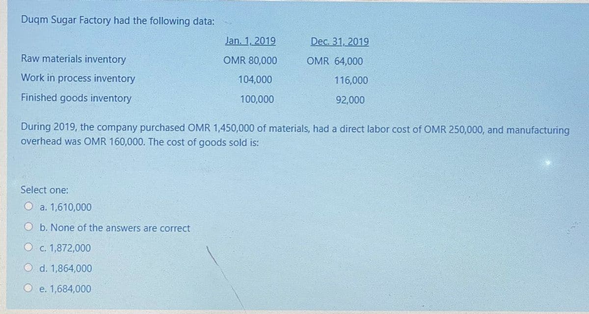 Duqm Sugar Factory had the following data:
Jan. 1, 2019
Dec. 31, 2019
Raw materials inventory
OMR 80,000
OMR 64,000
Work in process inventory
104,000
116,000
Finished goods inventory
100,000
92,000
During 2019, the company purchased OMR 1,450,000 of materials, had a direct labor cost of OMR 250,000, and manufacturing
overhead was OMR 160,000. The cost of goods sold is:
Select one:
a. 1,610,000
b. None of the answers are correct
O c. 1,872,000
O d. 1,864,000
e. 1,684,000
