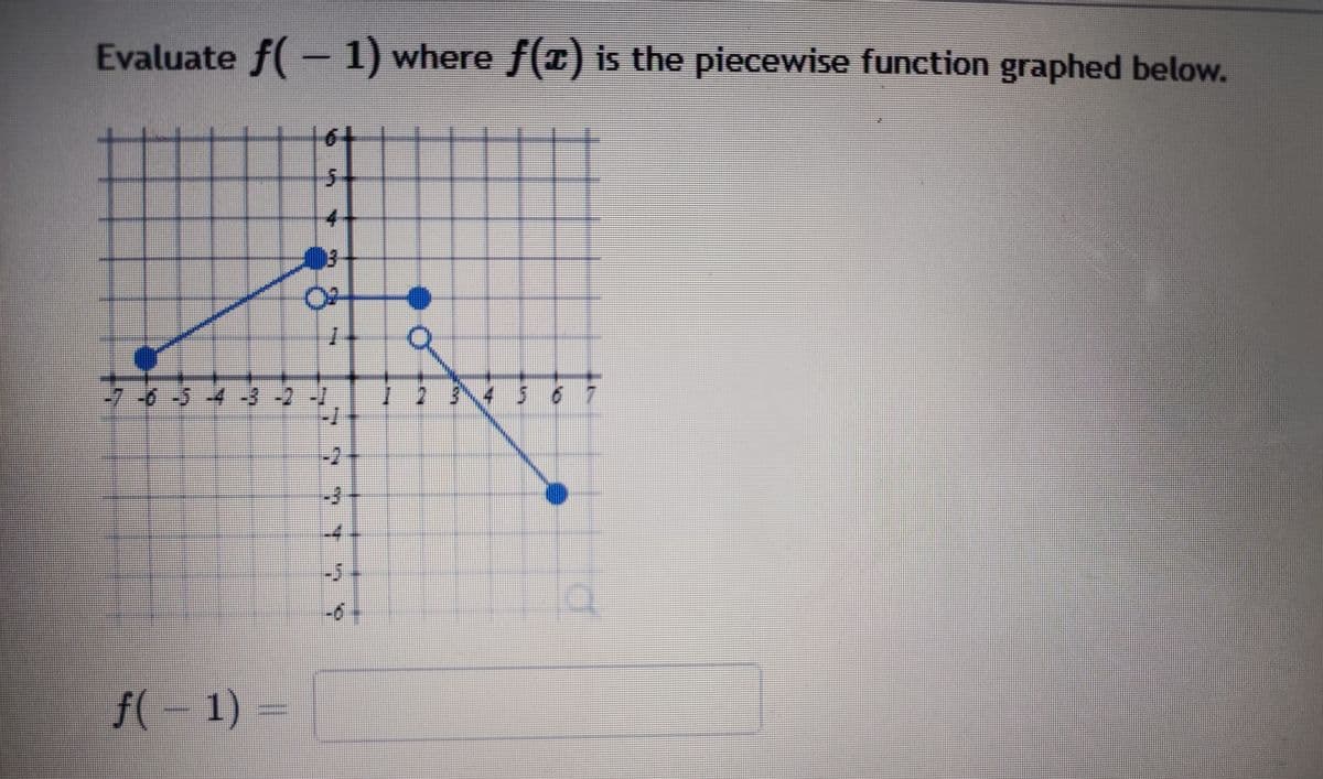 Evaluate f( - 1) where f(T) is the piecewise function graphed below.
64
4
03
1.
-7-6-5-4-3-2 -
1 2 八4 5 6 7
1-
-2
-3
-5-
-6
f(-1) =
