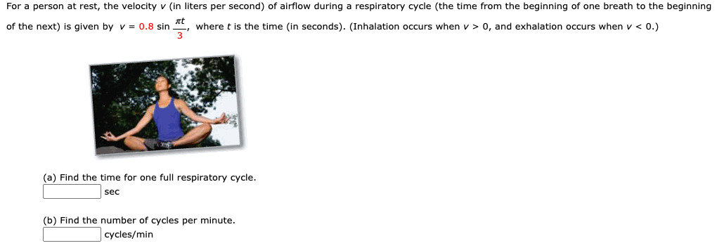 For a person at rest, the velocity v (in liters per second) of airflow during a respiratory cycle (the time from the beginning of one breath to the beginning
of the next) is given by v = 0.8 sin
where t is the time (in seconds). (Inhalation occurs when v > 0, and exhalation occurs when v < 0.)
(a) Find the time for one full respiratory cycle.
sec
(b) Find the number of cycles per minute.
cycles/min
