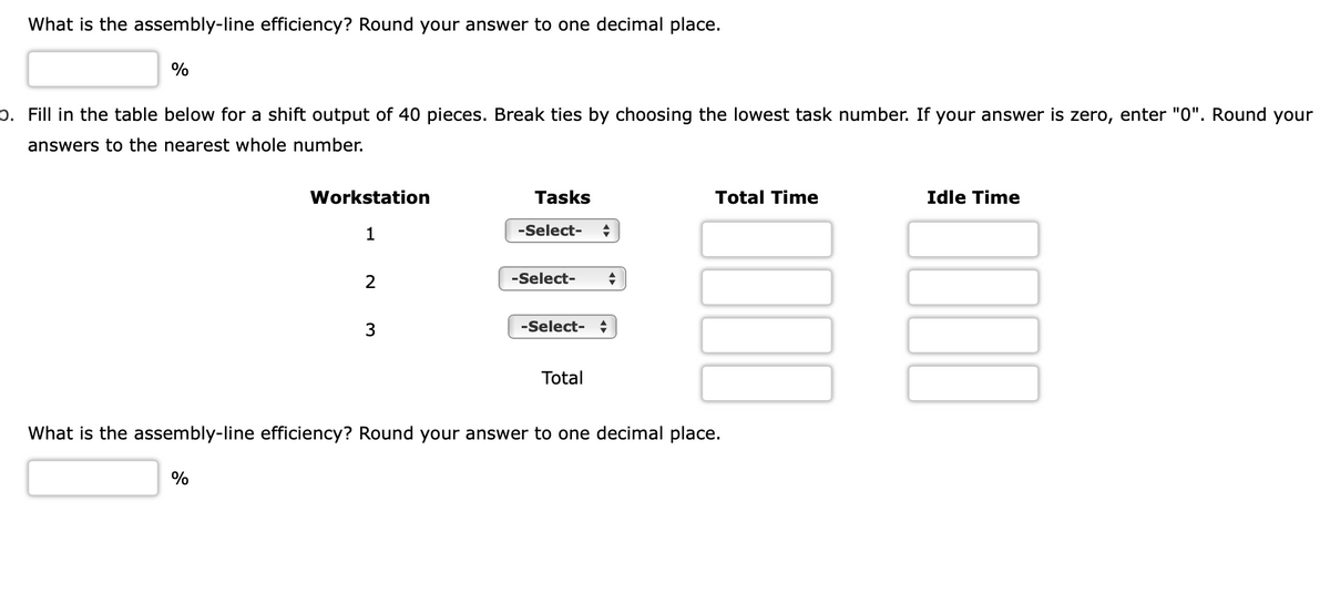 What is the assembly-line efficiency? Round your answer to one decimal place.
%
b. Fill in the table below for a shift output of 40 pieces. Break ties by choosing the lowest task number. If your answer is zero, enter "0". Round your
answers to the nearest whole number.
Workstation
1
%
2
3
Tasks
-Select-
+
-Select- +
-Select- +
Total
Total Time
What is the assembly-line efficiency? Round your answer to one decimal place.
Idle Time