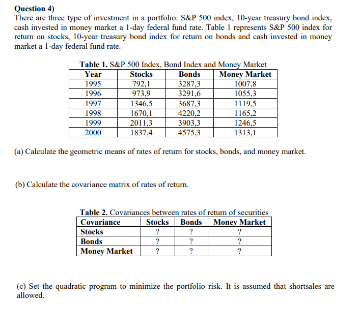 Question 4)
There are three type of investment in a portfolio: S&P 500 index, 10-year treasury bond index,
cash invested in money market a 1-day federal fund rate. Table 1 represents S&P 500 index for
return on stocks, 10-year treasury bond index for return on bonds and cash invested in money
market a 1-day federal fund rate.
Table 1. S&P 500 Index, Bond Index and Money Market
Bonds
3287,3
Money Market
1007,8
Year
Stocks
1995
792,1
1996
973,9
3291,6
1055,3
1997
1346,5
1670,1
2011,3
1837,4
3687,3
4220,2
3903,3
4575,3
1119,5
1165,2
1998
1999
1246,5
2000
1313,1
(a) Calculate the geometric means of rates of return for stocks, bonds, and money market.
(b) Calculate the covariance matrix of rates of return.
Table 2. Covariances between rates of return of securities
Covariance
Stocks
Stocks Bonds
Money Market
?
?
Bonds
?
?
?
Money Market
?
?
?
(c) Set the quadratic program to minimize the portfolio risk. It is assumed that shortsales are
allowed.
