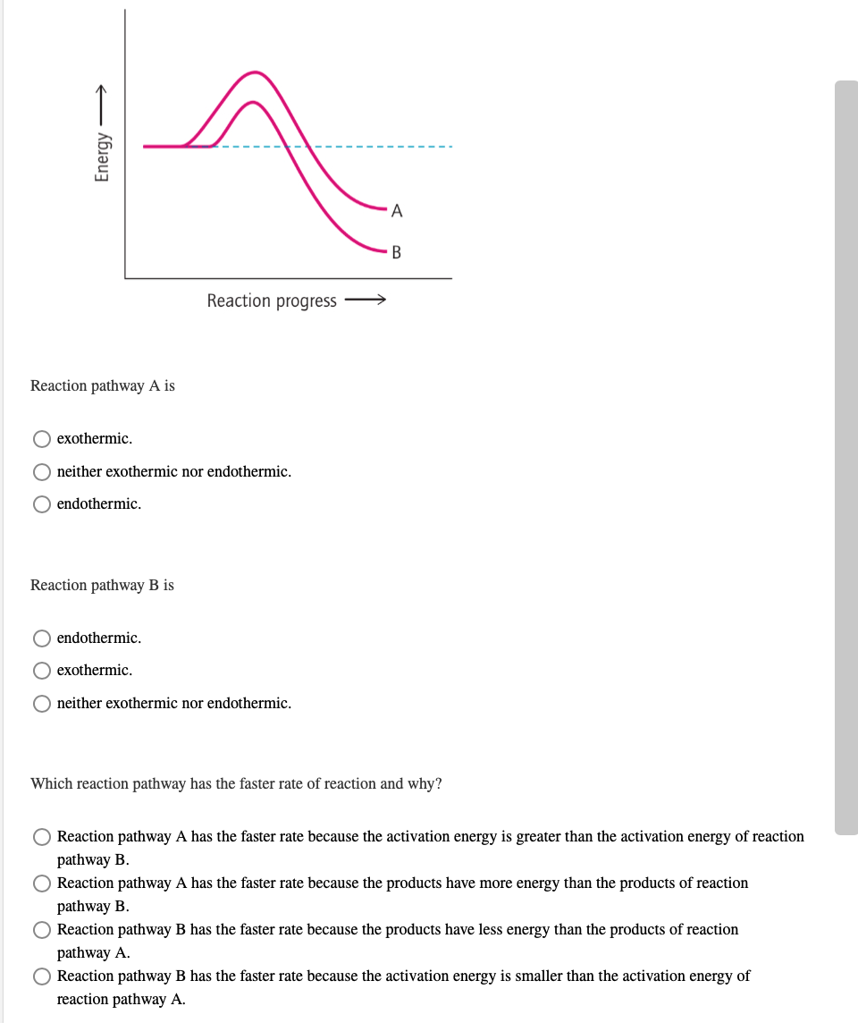 A
Reaction progress
Reaction pathway A is
O exothermic.
O neither exothermic nor endothermic.
O endothermic.
Reaction pathway B is
O endothermic.
O exothermic.
O neither exothermic nor endothermic.
Which reaction pathway has the faster rate of reaction and why?
Reaction pathway A has the faster rate because the activation energy is greater than the activation energy of reaction
pathway B.
O Reaction pathway A has the faster rate because the products have more energy than the products of reaction
pathway B.
Reaction pathway B has the faster rate because the products have less energy than the products of reaction
pathway A.
O Reaction pathway B has the faster rate because the activation energy is smaller than the activation energy of
reaction pathway A.
