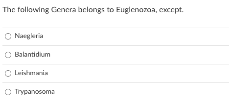 The following Genera belongs to Euglenozoa, except.
Naegleria
Balantidium
O Leishmania
O Trypanosoma
