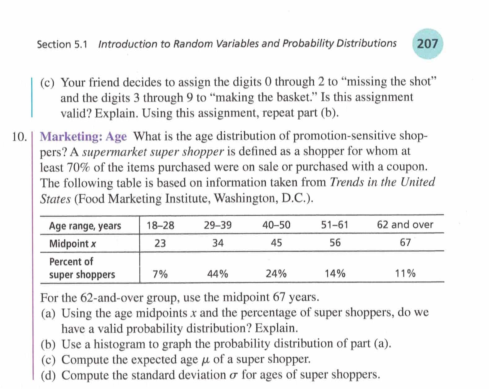Introduction to Random Variables and Probability Distributions
207
Section 5.1
(c) Your friend decides to assign the digits 0 through 2 to "missing the shot"
and the digits 3 through 9 to "making the basket." Is this assignment
valid? Explain. Using this assignment, repeat part (b).
10. | Marketing: Age What is the age distribution of promotion-sensitive shop-
pers? A supermarket super shopper is defined as a shopper for whom at
least 70% of the items purchased were on sale or purchased with a coupon.
The following table is based on information taken from Trends in the United
States (Food Marketing Institute, Washington, D.C.).
51-61
62 and over
40-50
29-39
18-28
Age range, years
56
67
45
Midpoint x
23
34
Percent of
14%
11%
7%
44%
24%
super shoppers
For the 62-and-over group, use the midpoint 67 years.
(a) Using the age midpoints x and the percentage of super shoppers, do we
have a valid probability distribution? Explain.
(b) Use a histogram to graph the probability distribution of part (a).
(c) Compute the expected age u of a super shopper.
(d) Compute the standard deviation o for ages of super shoppers.
