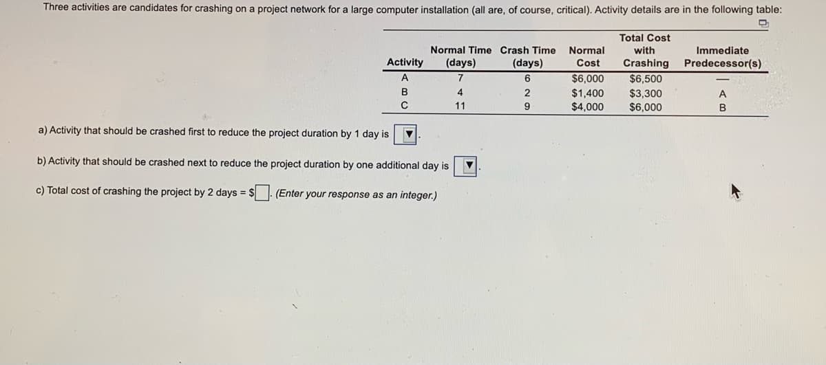 Three activities are candidates for crashing on a project network for a large computer installation (all are, of course, critical). Activity details are in the following table:
Total Cost
Normal Time Crash Time
Normal
with
Immediate
Activity
(days)
(days)
Crashing
$6,500
$3,300
$6,000
Cost
Predecessor(s)
7
$6,000
B
$1,400
$4,000
A
11
a) Activity that should be crashed first to reduce the project duration by 1 day is
b) Activity that should be crashed next to reduce the project duration by one additional day is
c) Total cost of crashing the project by 2 days = $. (Enter your response as an integer.)
