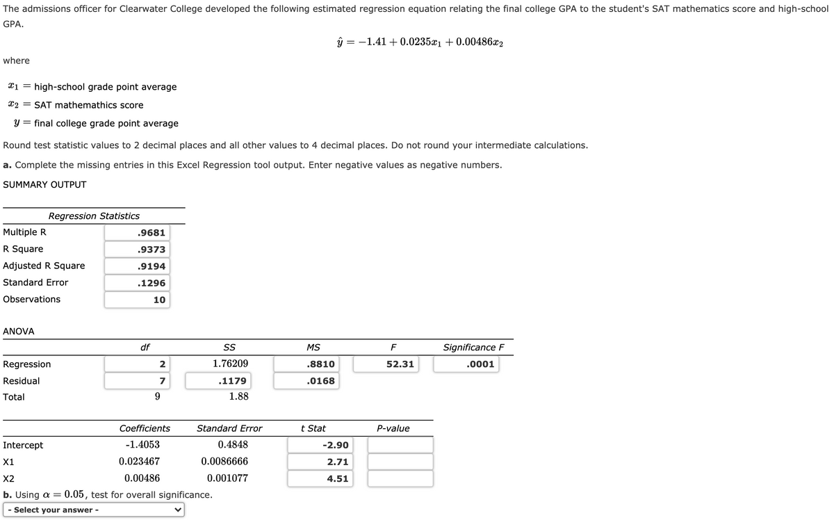 The admissions officer for Clearwater College developed the following estimated regression equation relating the final college GPA to the student's SAT mathematics score and high-school
GPA.
ŷ = -1.41 + 0.0235x1 + 0.00486x2
%3D
where
X1 = high-school grade point average
X2 = SAT mathemathics score
y = final college grade point average
Round test statistic values to 2 decimal places and all other values to 4 decimal places. Do not round your intermediate calculations.
a. Complete the missing entries in this Excel Regression tool output. Enter negative values as negative numbers.
SUMMARY OUTPUT
Regression Statistics
Multiple R
.9681
R Square
.9373
Adjusted R Square
.9194
Standard Error
.1296
Observations
10
ANOVA
df
SS
MS
F
Significance F
Regression
2
1.76209
.8810
52.31
.0001
Residual
7
.1179
.0168
Total
9.
1.88
Coefficients
Standard Error
t Stat
P-value
Intercept
-1.4053
0.4848
-2.90
X1
0.023467
0.0086666
2.71
X2
0.00486
0.001077
4.51
b. Using a =
0.05, test for overall significance.
- Select your answer -
