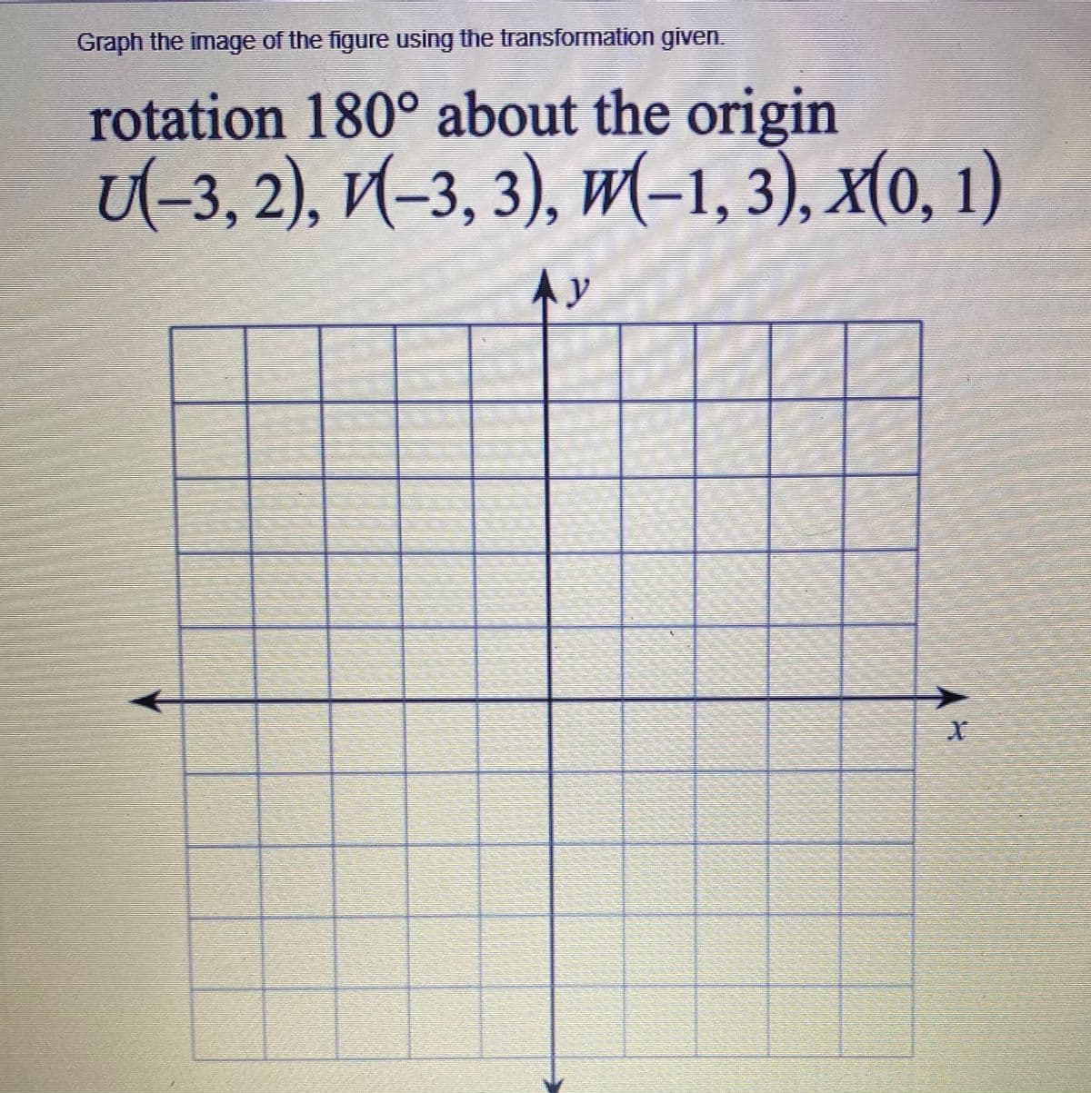 Graph the image of the figure using the transformation given.
rotation 180° about the origin
u-3,2), И-3, 3), и-1, 3), х(о, 1)
Ay
