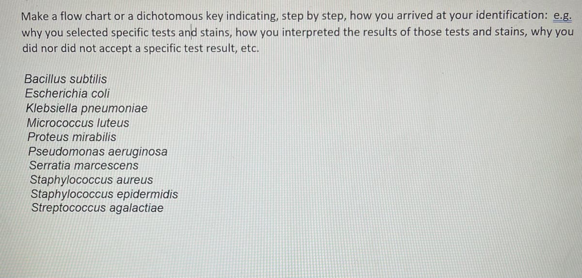 Make a flow chart or a dichotomous key indicating, step by step, how you arrived at your identification: e.g.
why you selected specific tests and stains, how you interpreted the results of those tests and stains, why you
did nor did not accept a specific test result, etc.
Bacillus subtilis
Escherichia coli
Klebsiella pneumoniae
Micrococcus luteus
Proteus mirabilis
Pseudomonas aeruginosa
Serratia marcescens
Staphylococcus aureus
Staphylococcus epidermidis
Streptococcus agalactiae
