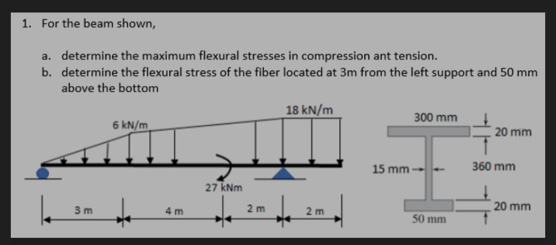 1. For the beam shown,
a. determine the maximum flexural stresses in compression ant tension.
b. determine the flexural stress of the fiber located at 3m from the left support and 50 mm
above the bottom
18 kN/m
300 mm
6 kN/m
20 mm
27 kNm
2m
3m
4 m
2m
15 mm -
50 mm
360 mm
20 mm