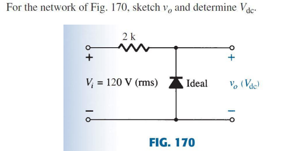 For the network of Fig. 170, sketch v, and determine Vde:
2 k
+
V; = 120 V (rms)
Ideal
Vo (Vác)
인
FIG. 170
