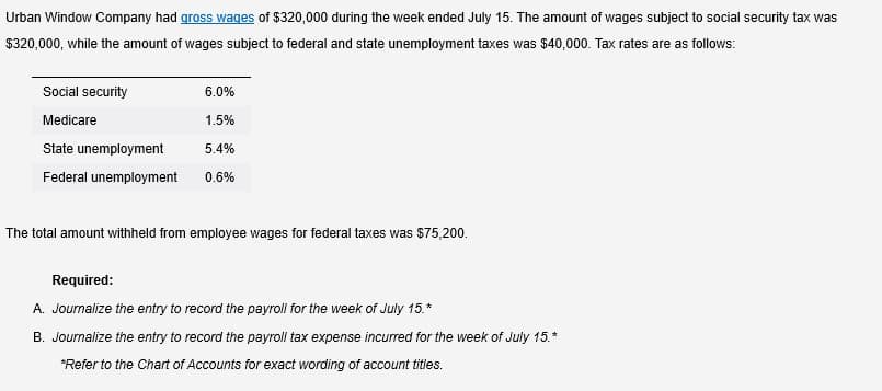 Urban Window Company had gross wages of $320,000 during the week ended July 15. The amount of wages subject to social security tax was
$320,000, while the amount of wages subject to federal and state unemployment taxes was $40,000. Tax rates are as follows:
Social security
6.0%
Medicare
1.5%
State unemployment
5.4%
Federal unemployment
0.6%
The total amount withheld from employee wages for federal taxes was $75,200.
Required:
A. Journalize the entry to record the payroll for the week of July 15.*
B. Journalize the entry to record the payroll tax expense incurred for the week of July 15.*
*Refer to the Chart of Accounts for exact wording of account titles.
