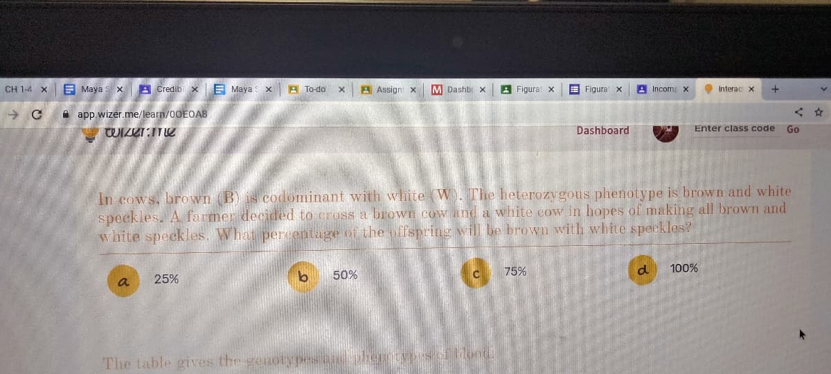 CH 1-4 X
с
Maya S x
Credib x
app.wizer.me/learn/00E0AB
wizer.me
a
Maya X A To-do
25%
The table gives the genoty
Assign x M Dashb x
50%
Figurat X
C
In cows, brown (B) is codominant with white (W). The heterozygous phenotype is brown and white
speckles. A farmer decided to cross a brown cow and a white cow in hopes of making all brown and
white speckles. What percentage of the offspring will be brown with white speckles?
Figurat X
75%
Dashboard
Incomp X
d
Interac X
Enter class code Go
100%
